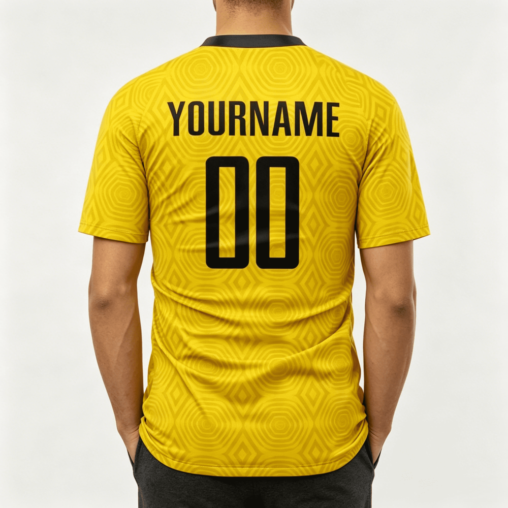 Back view of custom yellow sublimated team jersey showing personalized "YOURNAME" and number 00 printing, wholesale custom sports apparel for bulk promotional orders