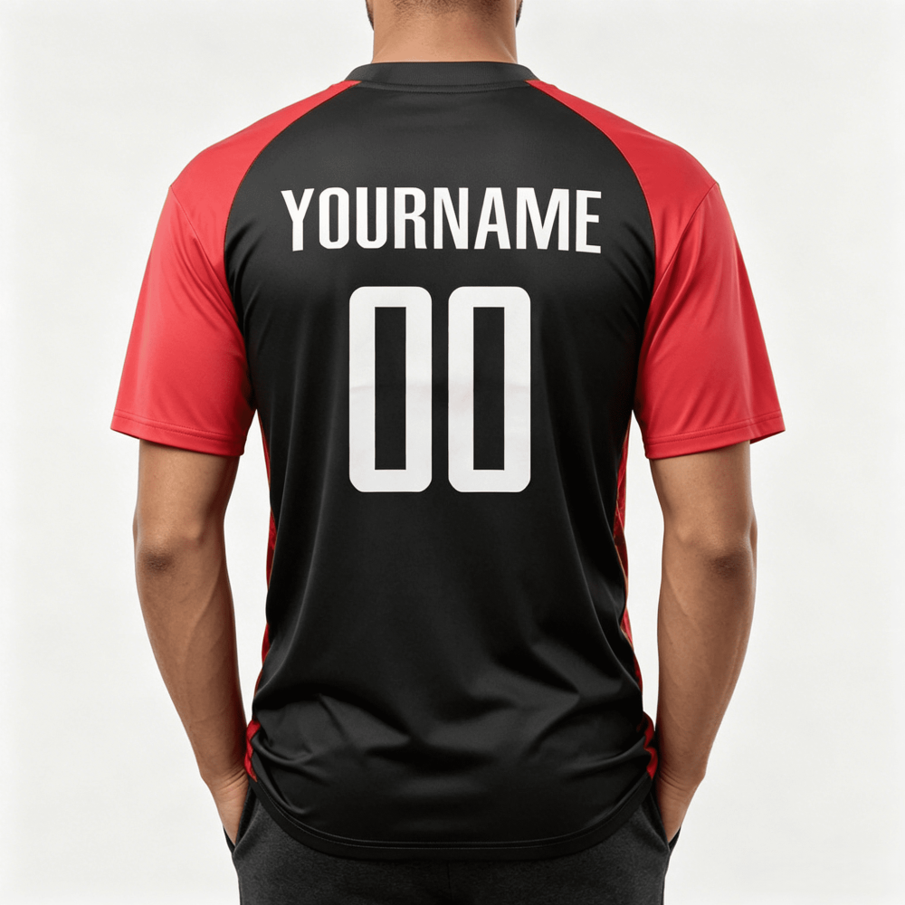 Custom sublimation team jersey back view red black raglan sleeves with personalized YOURNAME and number 00, athletic sportswear wholesale