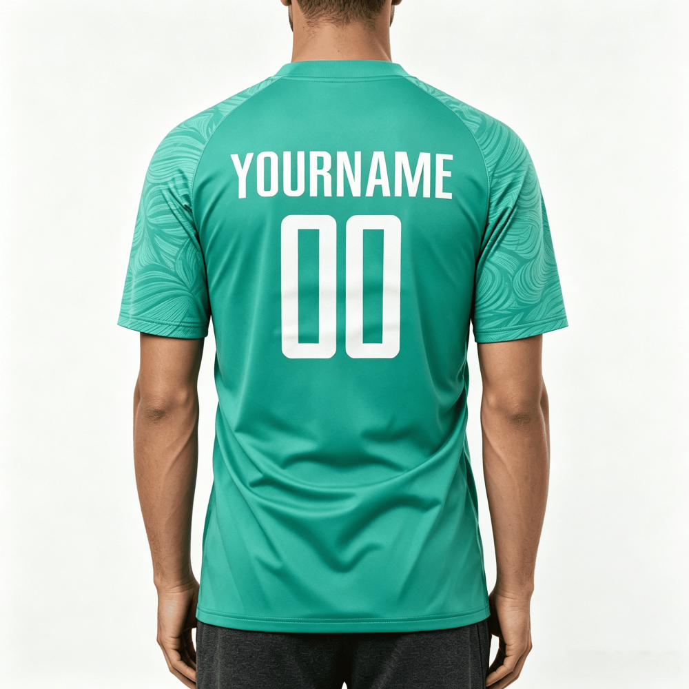 Custom sublimation team jersey back view teal green swirl pattern with personalized YOURNAME and number 00, athletic sportswear wholesale bulk