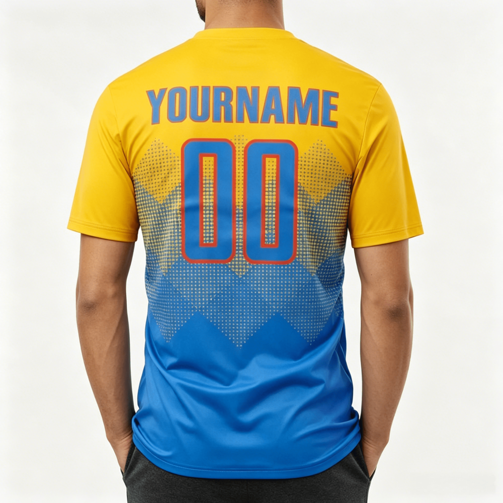 Custom sublimation team jersey back view with personalized name YOURNAME and number 00, yellow blue gradient athletic sportswear for wholesale bulk orders
